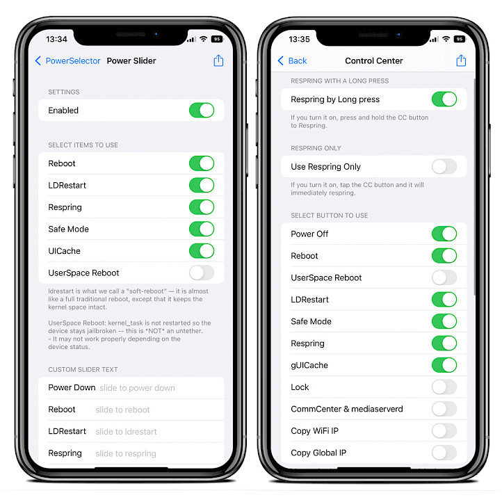 Two iPhone screens showing PowerSelector tweak Power Slider and Control Center configuration options.