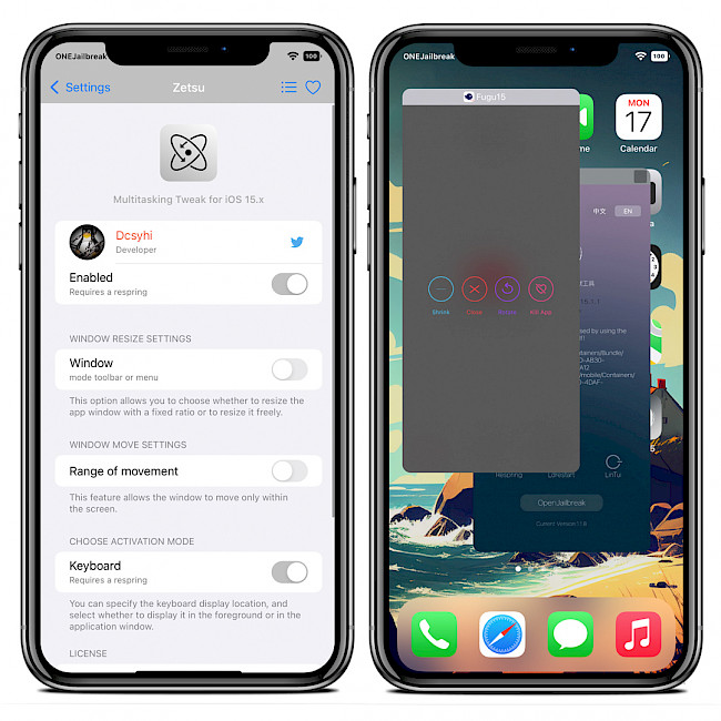 Two iPhone screens showing Zetsu tweak on Home Screen and Settings.