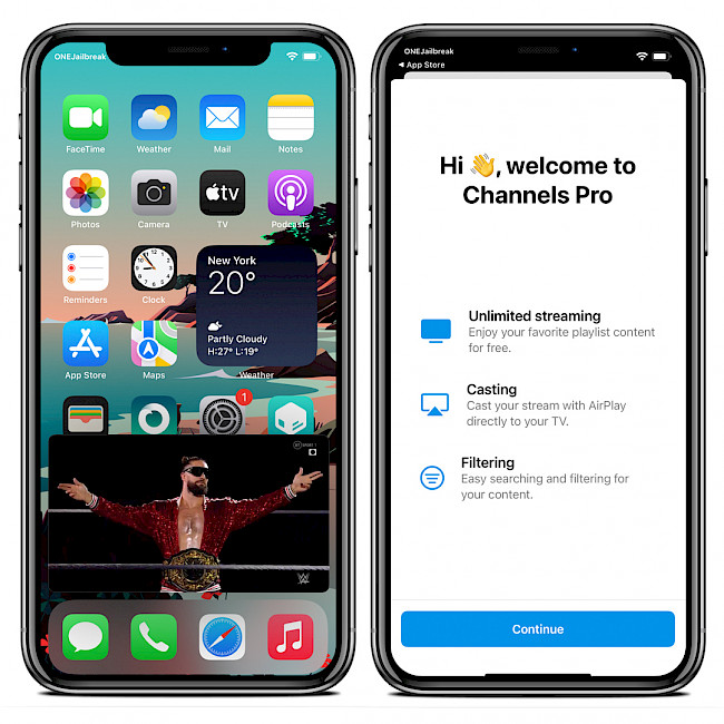 Two iPhone screens showing the Channels Pro app interface running on iOS.