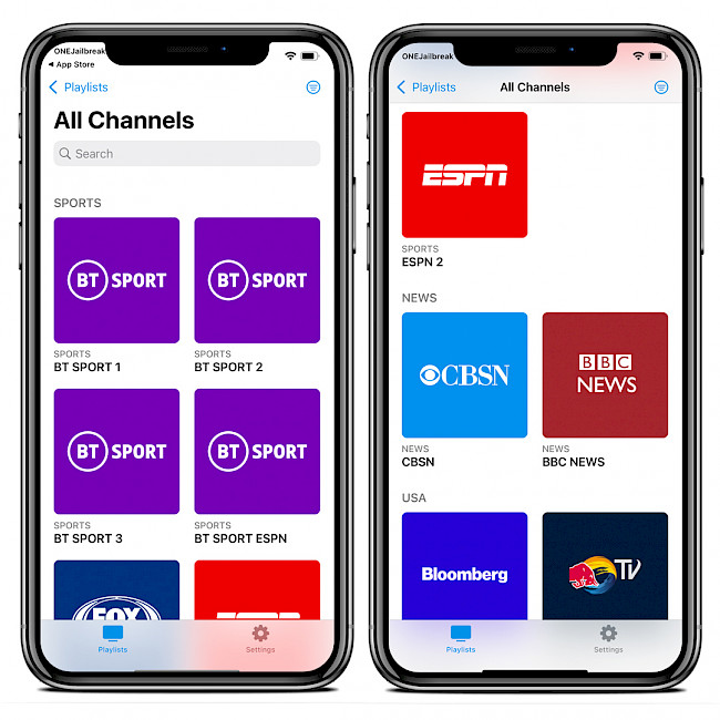 Two iPhone screens showing the Channels Pro m3u8 playlist.