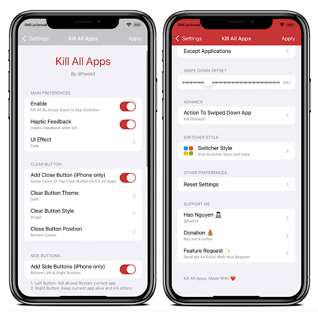 Two iPhone screens showing the KillAllApps tweak preferences pane.