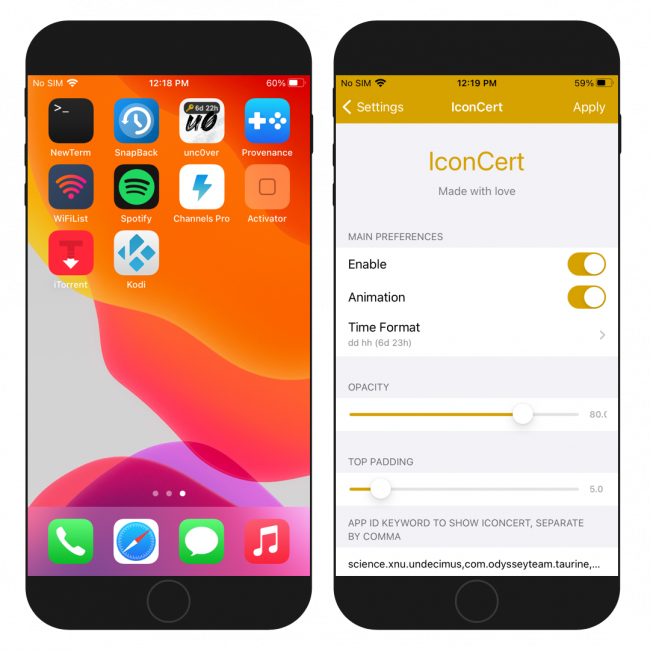 Two iPhone screens showing IconCert tweak settings and Home Screen integration on an icon.