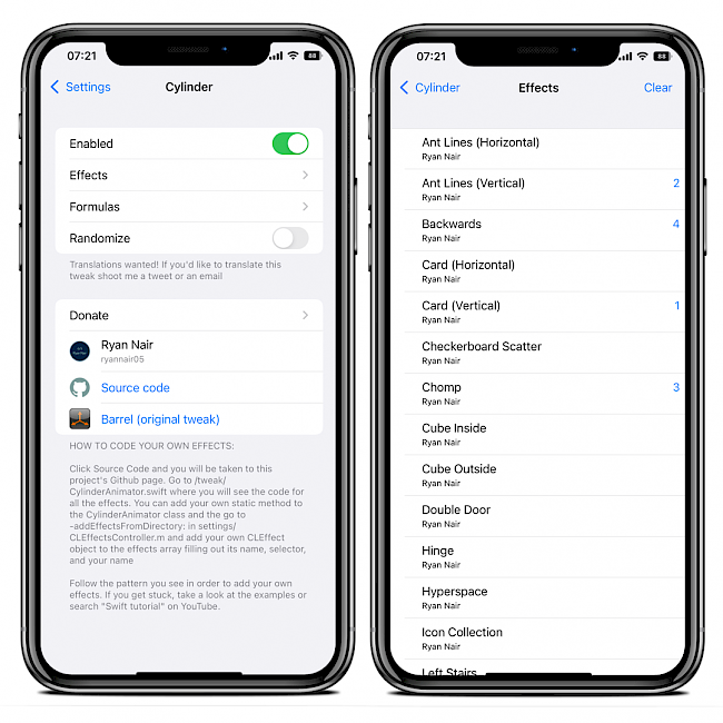 seTwo iPhone screens showing Cylinder preference pane in Settings app running on iOS 15.