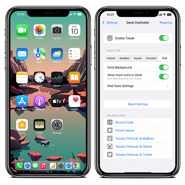 Two iPhone screens showing Dock Controller tweak running on Dopamine Jailbreak on iOS 15.