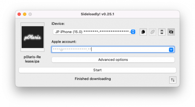 Screenshot of Sideloaldy app with loaded p0laris IPA file.