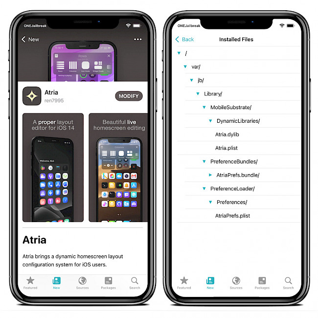 Screenshot of Sileo app showing Atria Repo and list of tweak installed files.
