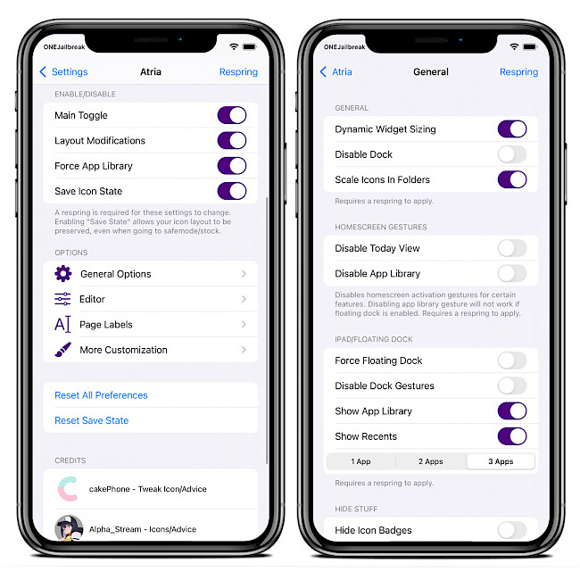 Two iPhone's showing Atria tweak preferences on iOS 15.