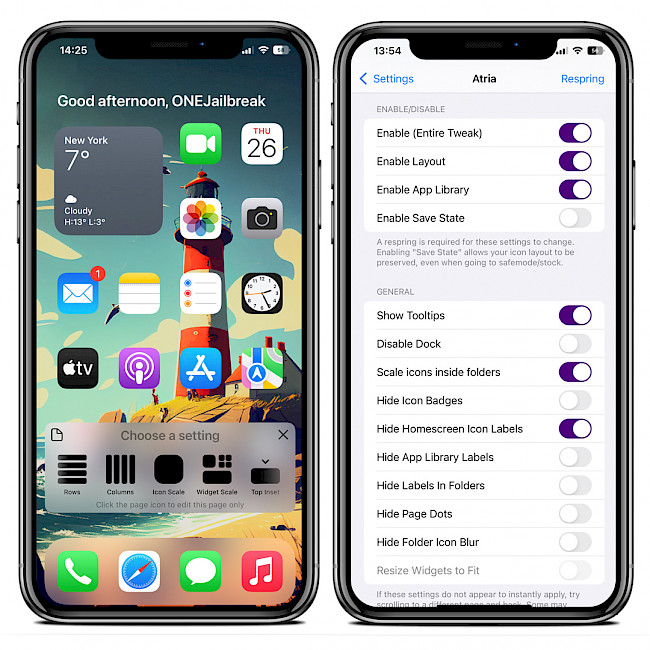 Two iPhone screens showing the Atria tweak settings page and a new icon layout on Home Screen.