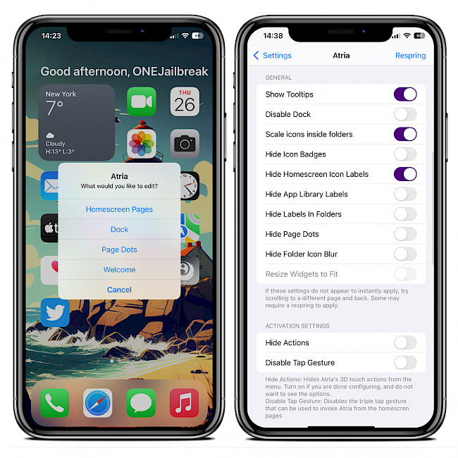 Two iPhone screens showing Atria home screen layout configuration options and settings.