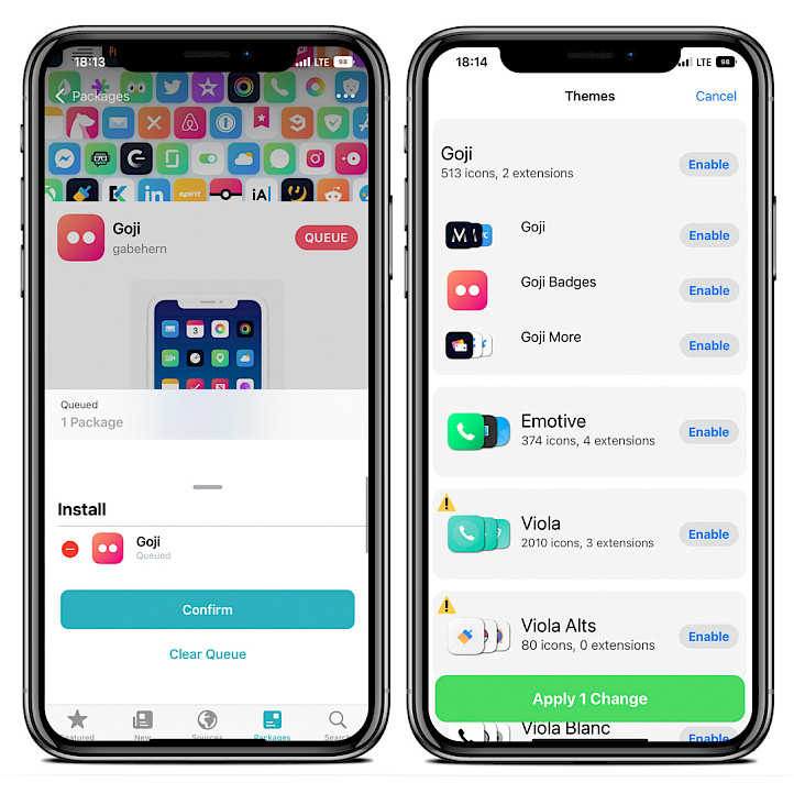 Two iPhone screens showing the process of SnowBoard Theme download and activation.