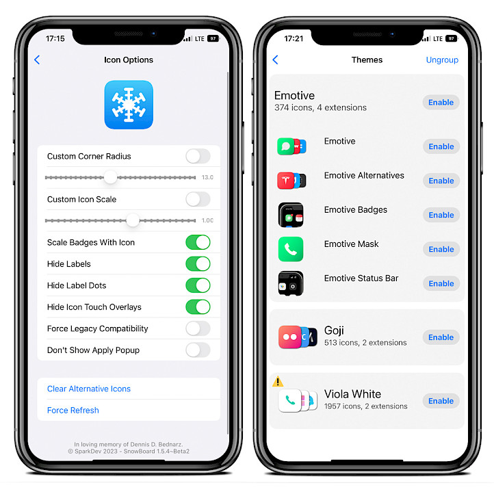 Two iPhone screens showing the SnowBoard tweak settings interface on iOS 15.