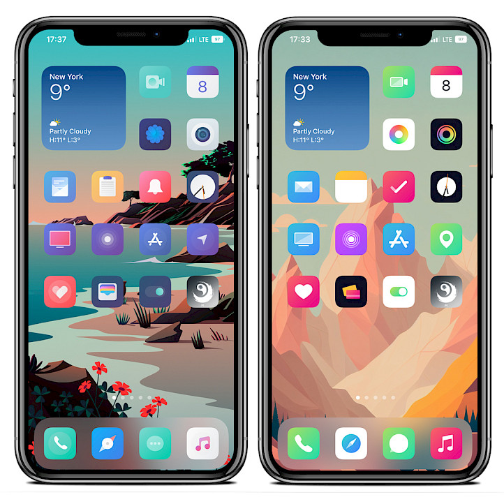 Two iPhone screens showing two SnowBoard themes loaded on Home Screen.