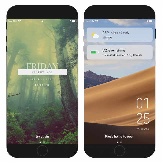 Two iPhone screens showing the Xen HTML widget on Lock Screen.