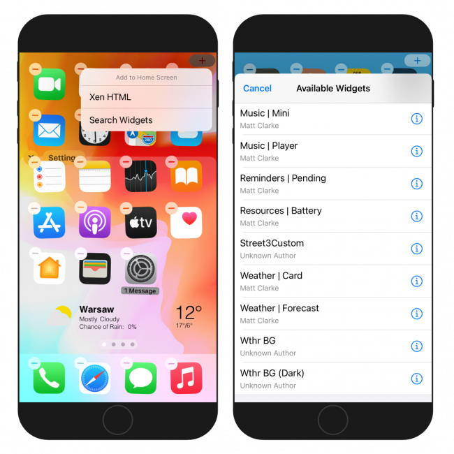 Two iPhone screens showing how to add widgets to Home Screen using Xen HTML.