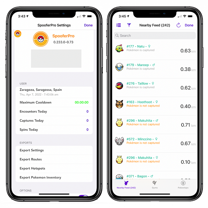 Two iPhone screens showing Spoofer Pro Settings and Nearby Pokemon Feed on iOS 16.