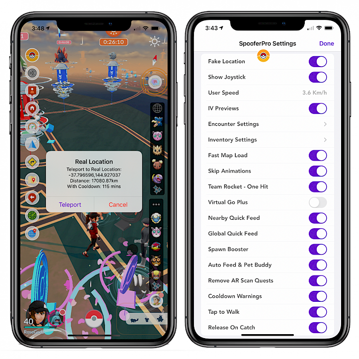 Two iPhone screens showing SpooferX and Spoofer Pro running on iOS.