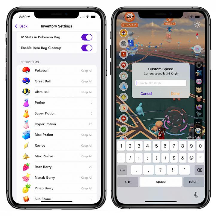 Two iPhone screens showing SpooferX running on XinaA15 Jailbreak on iOS 15.