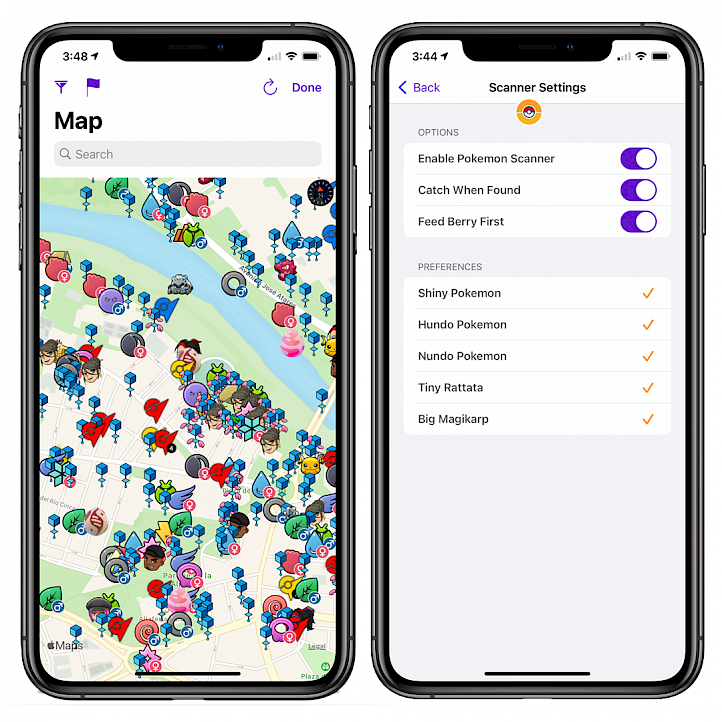 Two iPhone screens showing SpooferX Pokemon GO app screenshots.