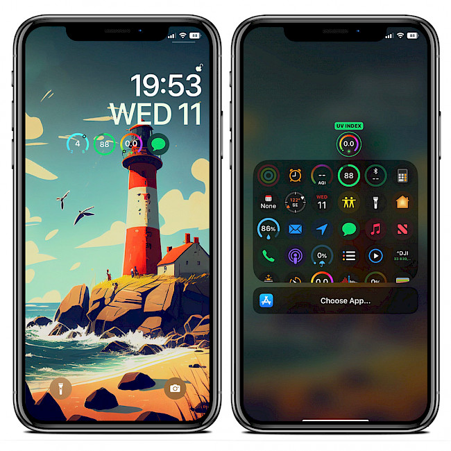 Two iPhone screens showing the Complications tweak on Lock Screen and Complications widgets selector.