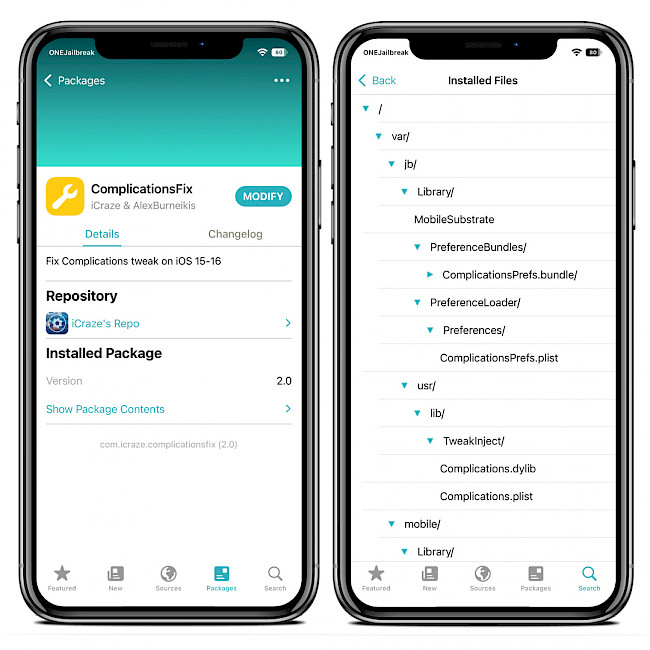 Sileo app showing Complications Repo and installed files on iOS 15.