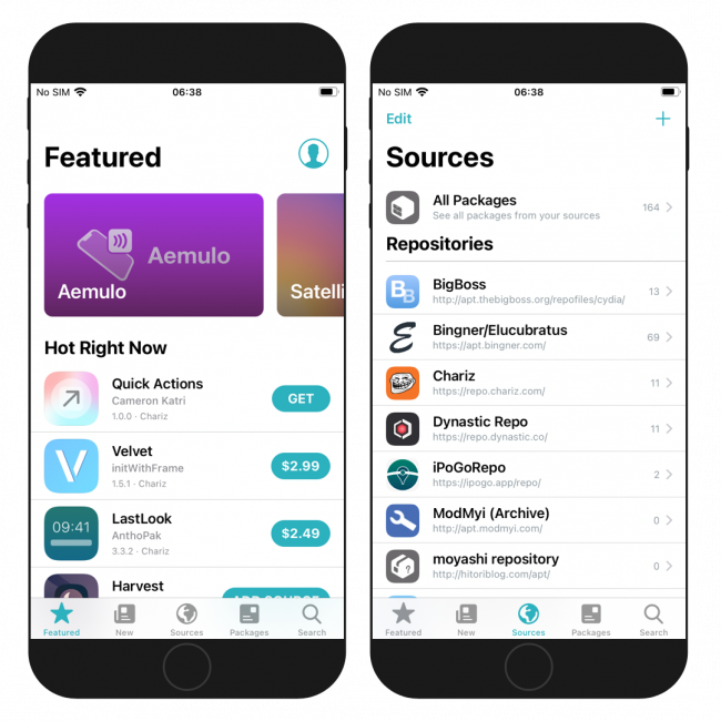 Two iPhone screens showing Sileo Package Manager running on checkra1n jailbreak.