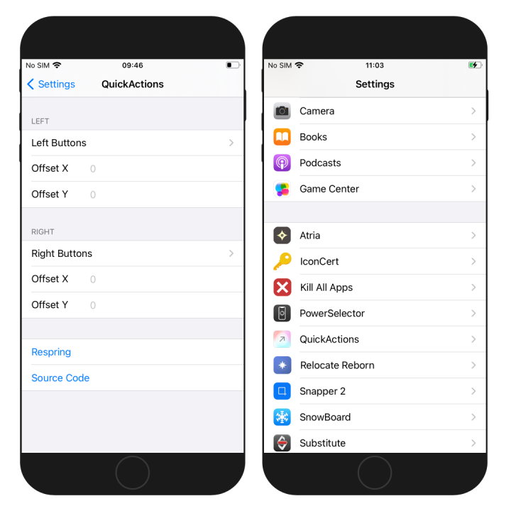 QuickActions Settings screenshot