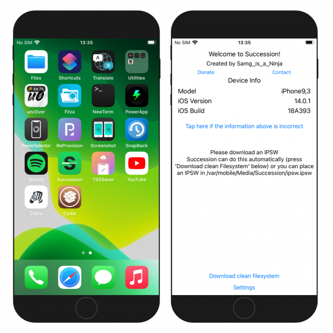 Two iPhone screens showing the Succession app interface running on iOS 14.