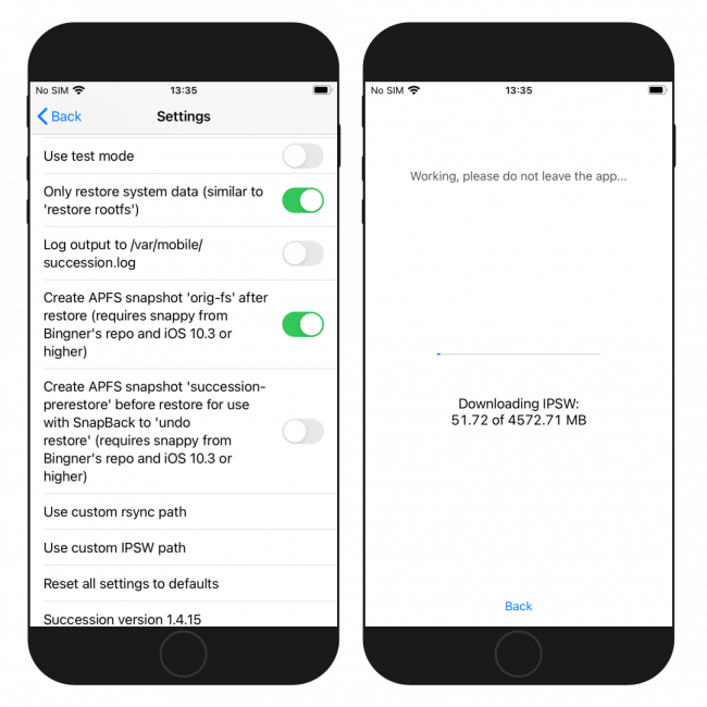 Two iPhone screens showing the SuccessionRestore Settings options and downloading IPSW progress.