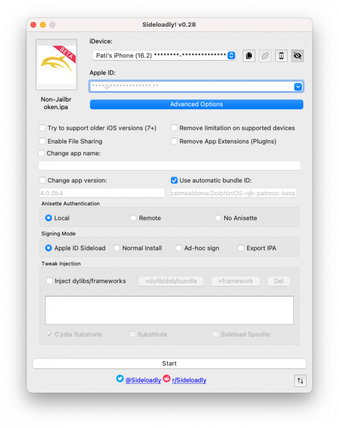 Screenshot of DolphiniOS IPA installation process with Sideloadly.