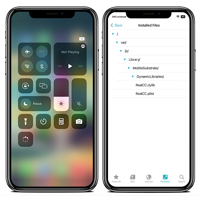 Two iPhone screens showing the RealCC tweak running in Control Center.
