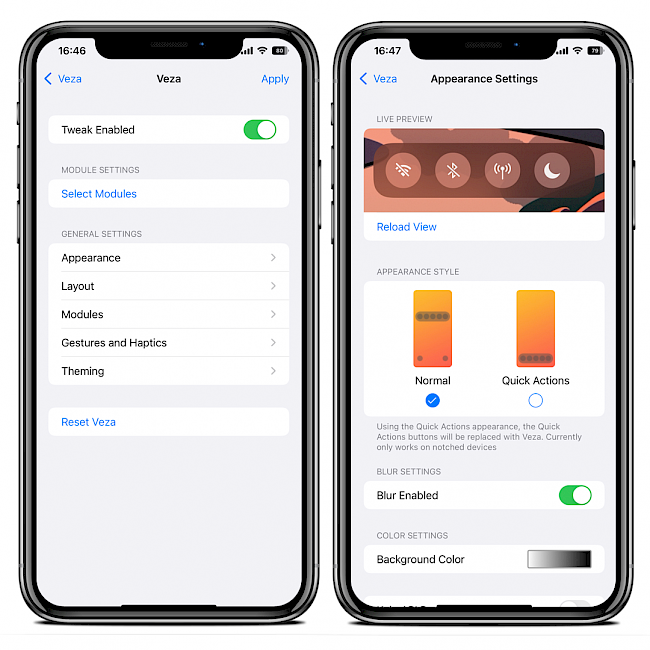 Two iPhone screens showing Veza module and general settings, and appearance settings page.