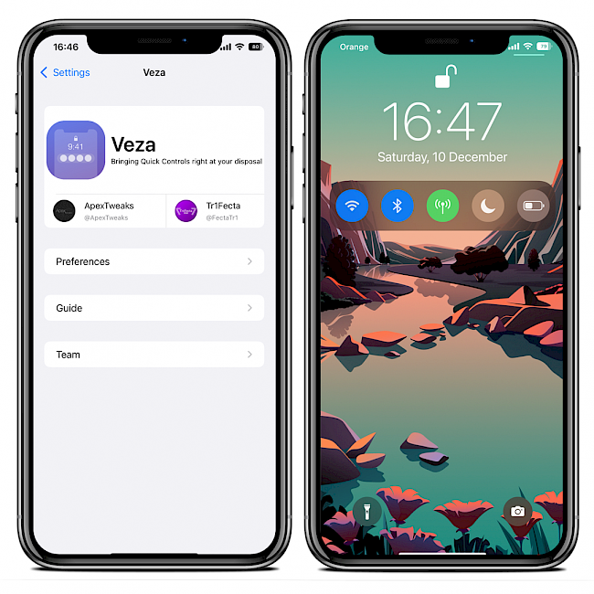 Two iPhone screens showing Veza tweak preference pane and Veza toggles on Lock Screen.