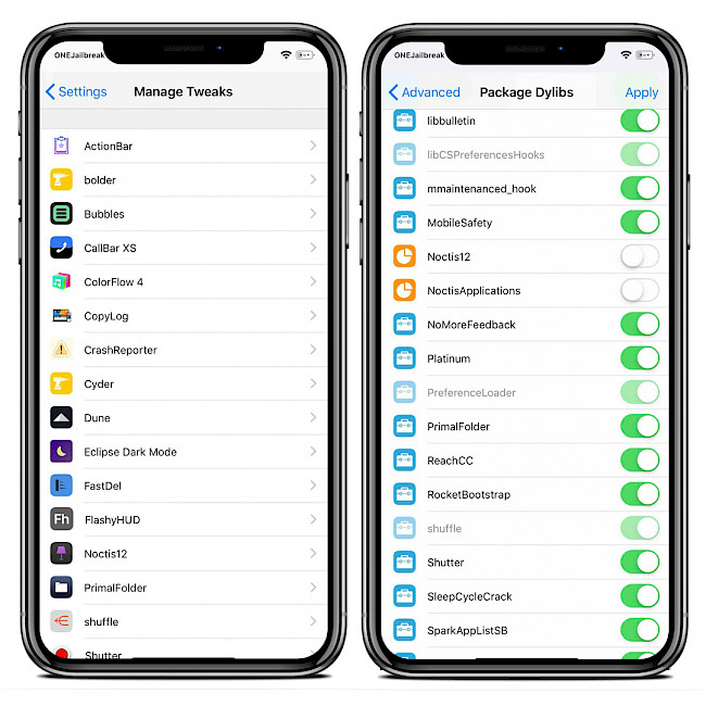 Two iPhone screens showing Shuffle Manage Tweaks and Package Dylibs sections.