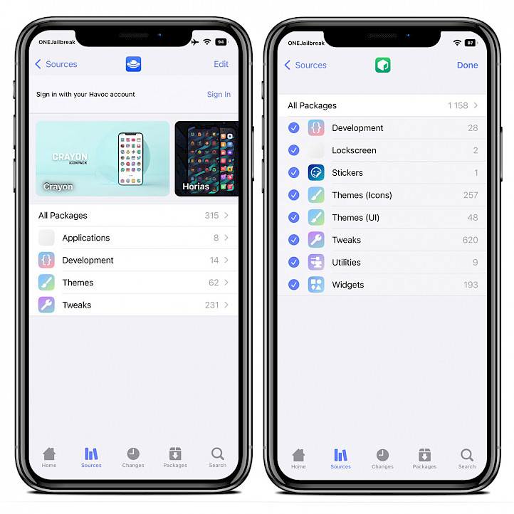 Two iPhone screens showing Zebra Package Manager Sources.