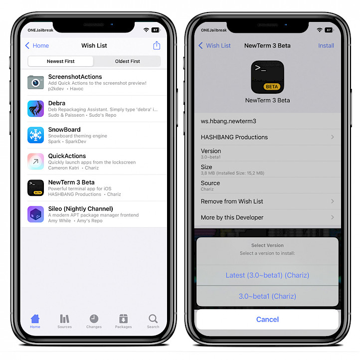 Two iPhone screens showing Zeba app Wish List and Install package feature.