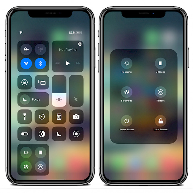 Two iPhone screens showing PowerModule tweak screenshot.