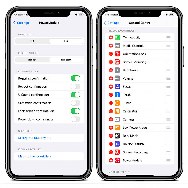Two iPhone screens showing Power Module tweak configuration pane and Control Center widget.