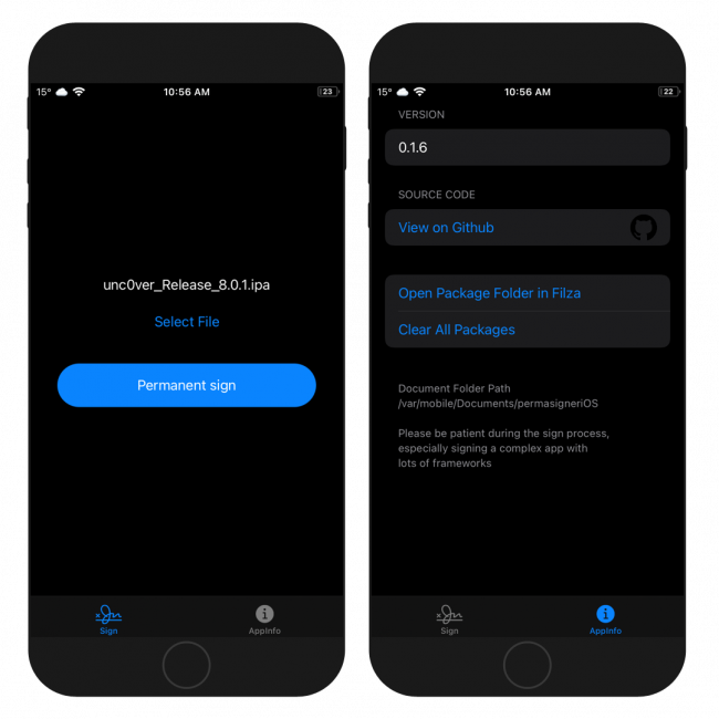 Two iPhone screens showing the PermasigneriOS app interface on iOS 14.