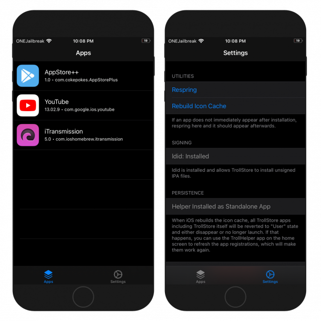 Two iPhone screens showing TrollStore app running on iOS 15.