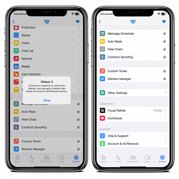 Two iPhone screens showing Watusi 3 for WhatsApp paid features.