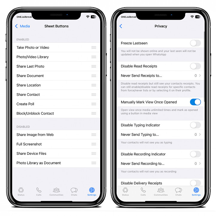 Two iPhone screens showing Settings options of the Watusi 3 for WhatsApp tweak.