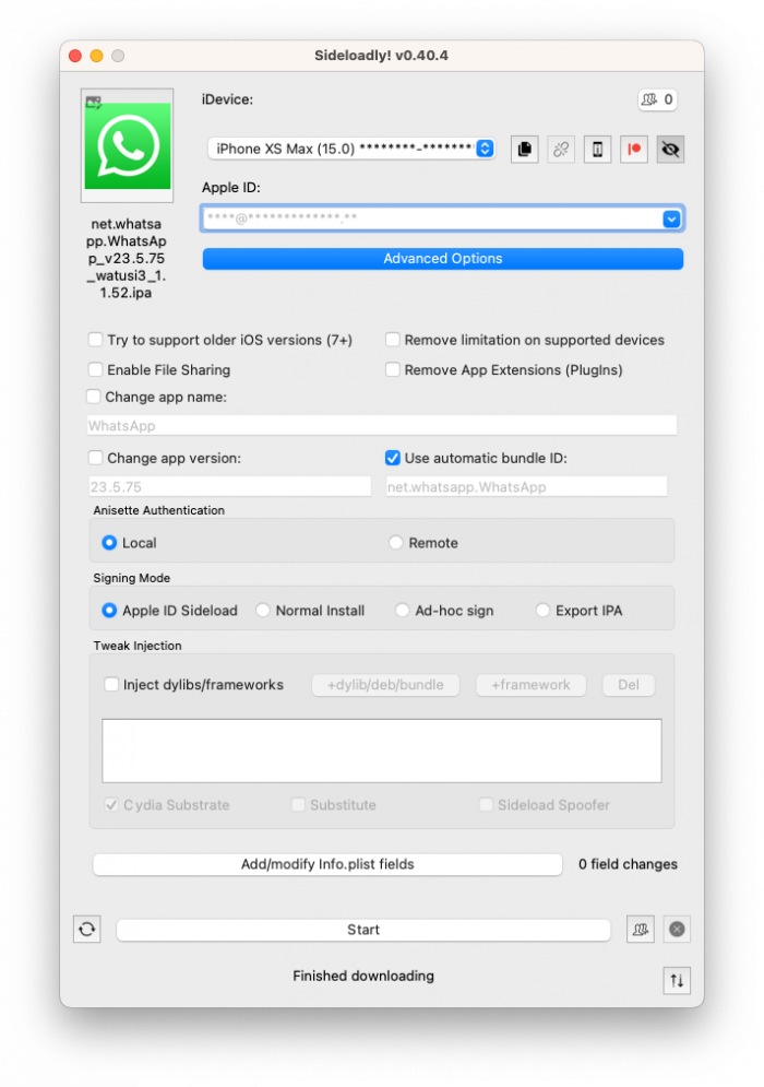 Watusi 3 for WhatsApp IPA installation with Sideloadly.