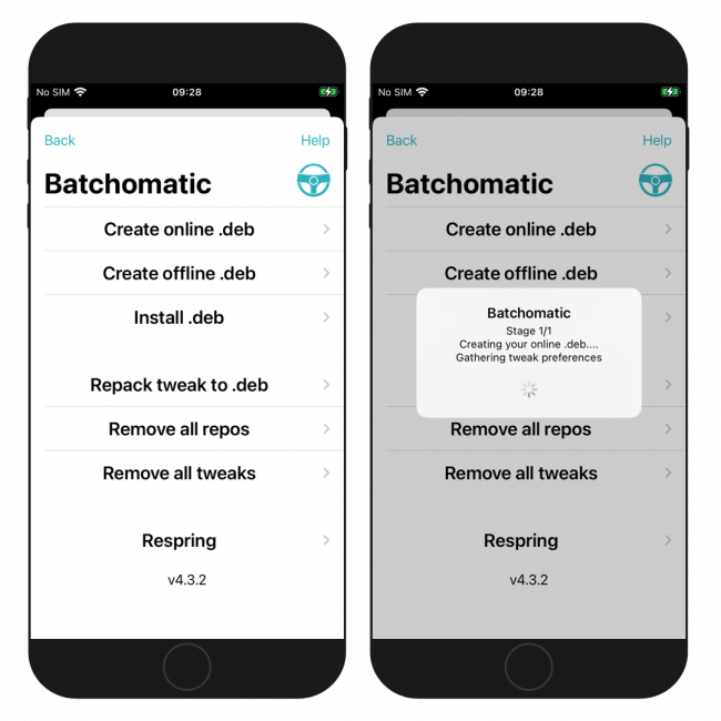 Two iPhone screens showing the Batchomatic tweak interface running on iOS.