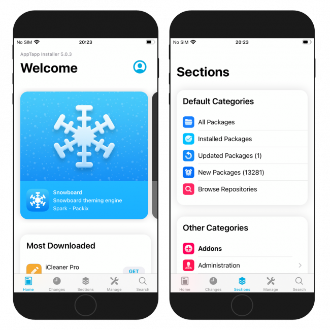 Two iPhone screens showing the AppTapp Installer 5 screenshot.