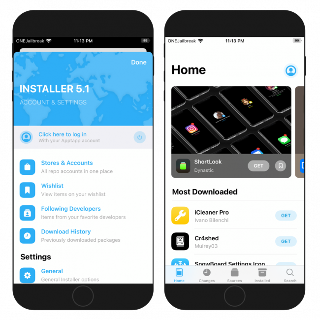 Two iPhone screens showing the AppTapp Installer 5.1 Beta Home, and Account and Settings page.