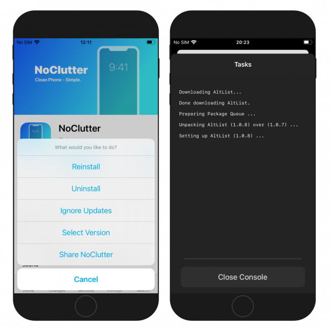 Two iPhone screens showing the DEB package installation process in AppTapp Installer 5.