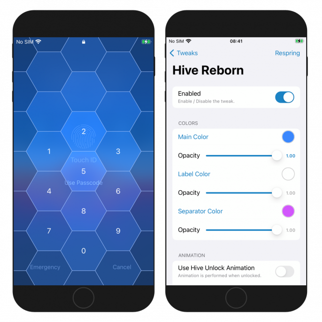 Two iPhone screens hosing Hive Reborn configuration pane and Lock Screen passcode effect.
