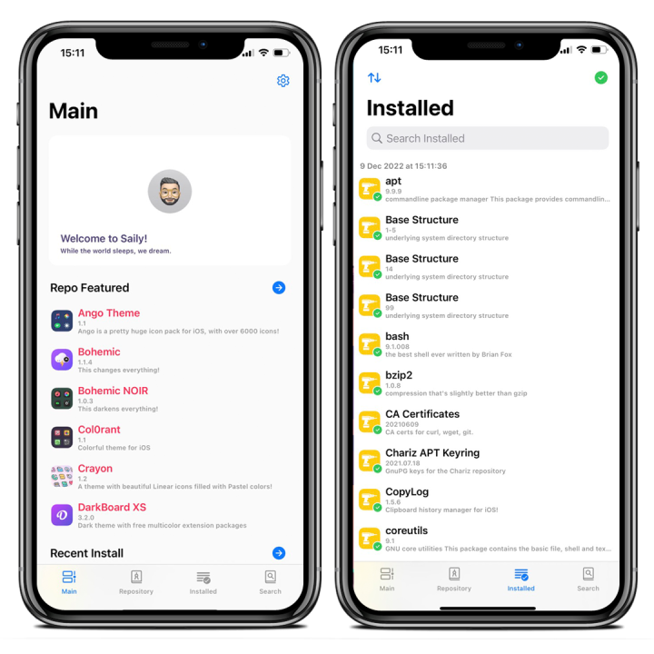 Two iPhone screen showing Saily Package Manager main and installed packages screenshots.
