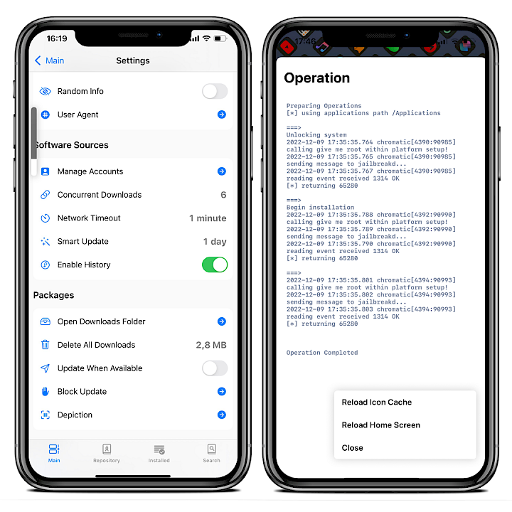 Two iPhone screens showing Saily Settings page and installing DEB package log on iOS 15.
