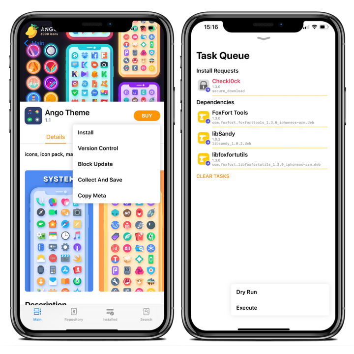 Two iPhone screens showing Saily package decryption and taks quote of installed packages on iOS 15.
